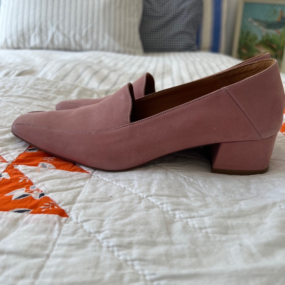 By Far Blush Suede Square Toe Pump Heel Loafers 37 6.5 7